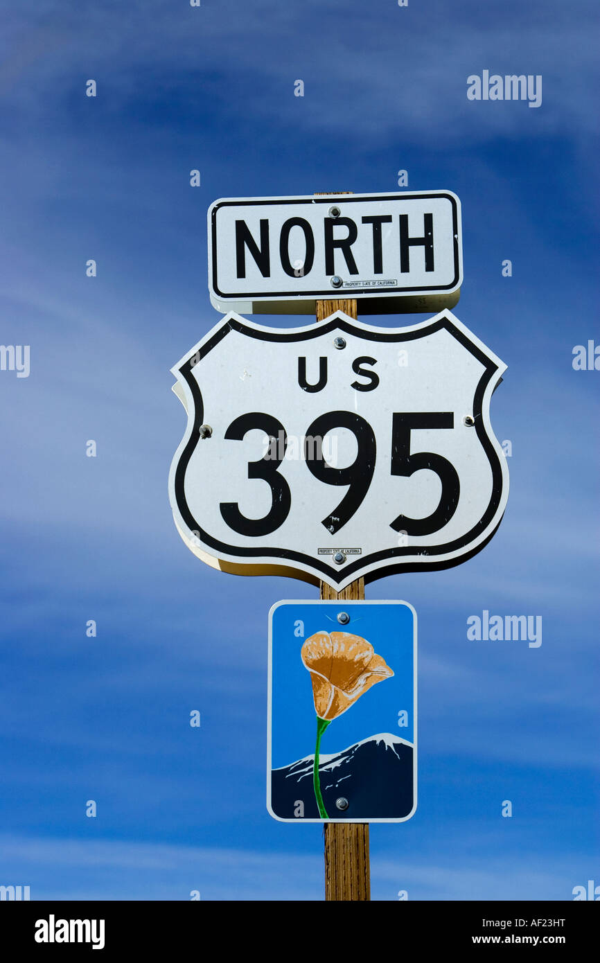 Highway 395 sign post including a California Scenic Highway sign Stock