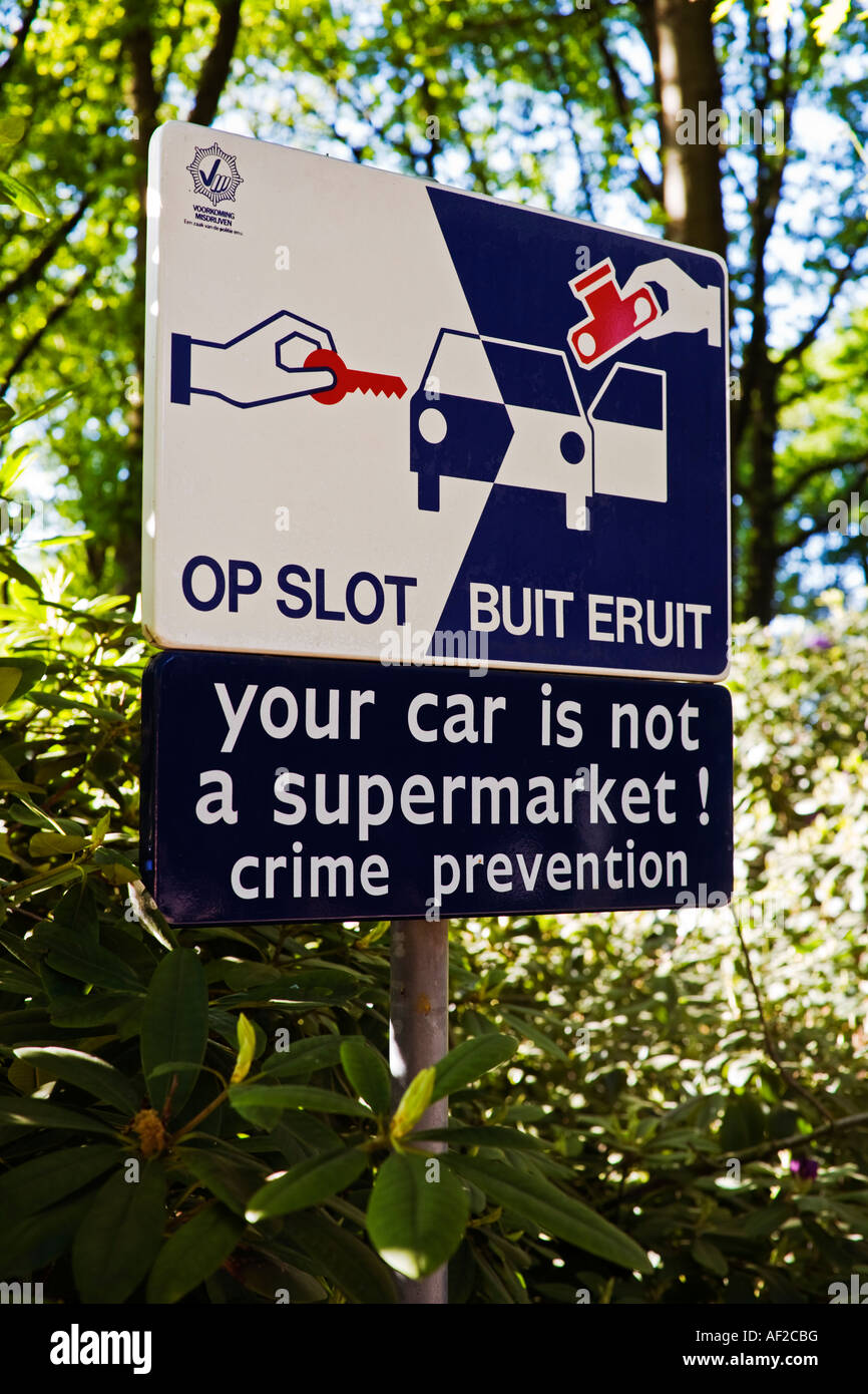 Dutch vehicle crime prevention sign in car park Holland, The Netherlands Europe Stock Photo