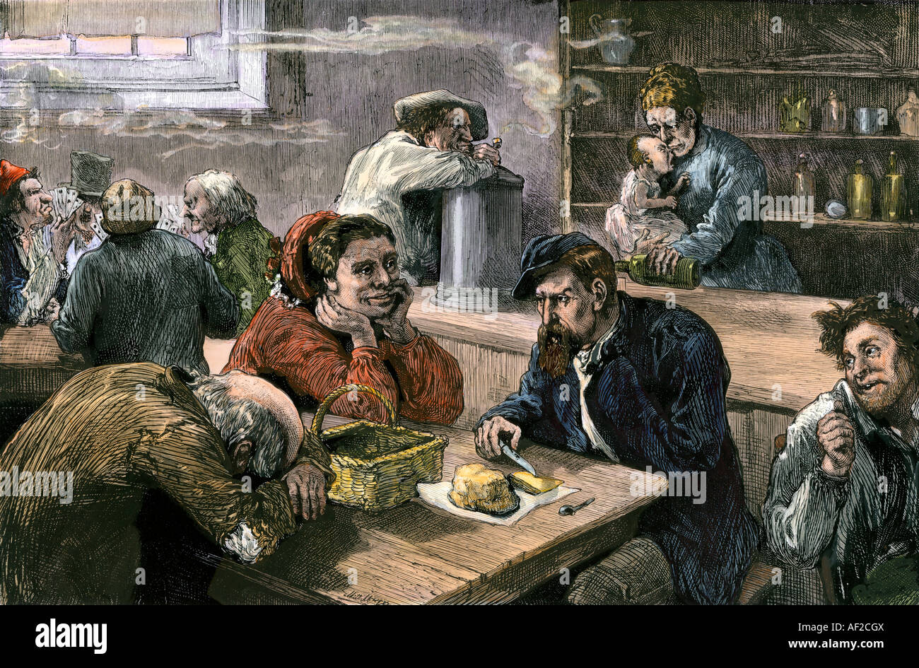 Beggars club in the Northern Liberties section of Philadelphia 1870s. Hand-colored woodcut Stock Photo