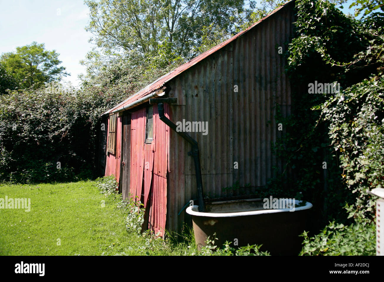 Old corrugated iron shed with old roll top bath outside Stock Photo