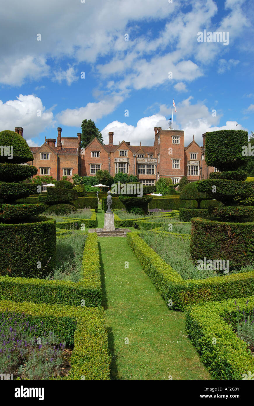 Manicured hedges and topiary gardens of Great Fosters Hotel, Egham