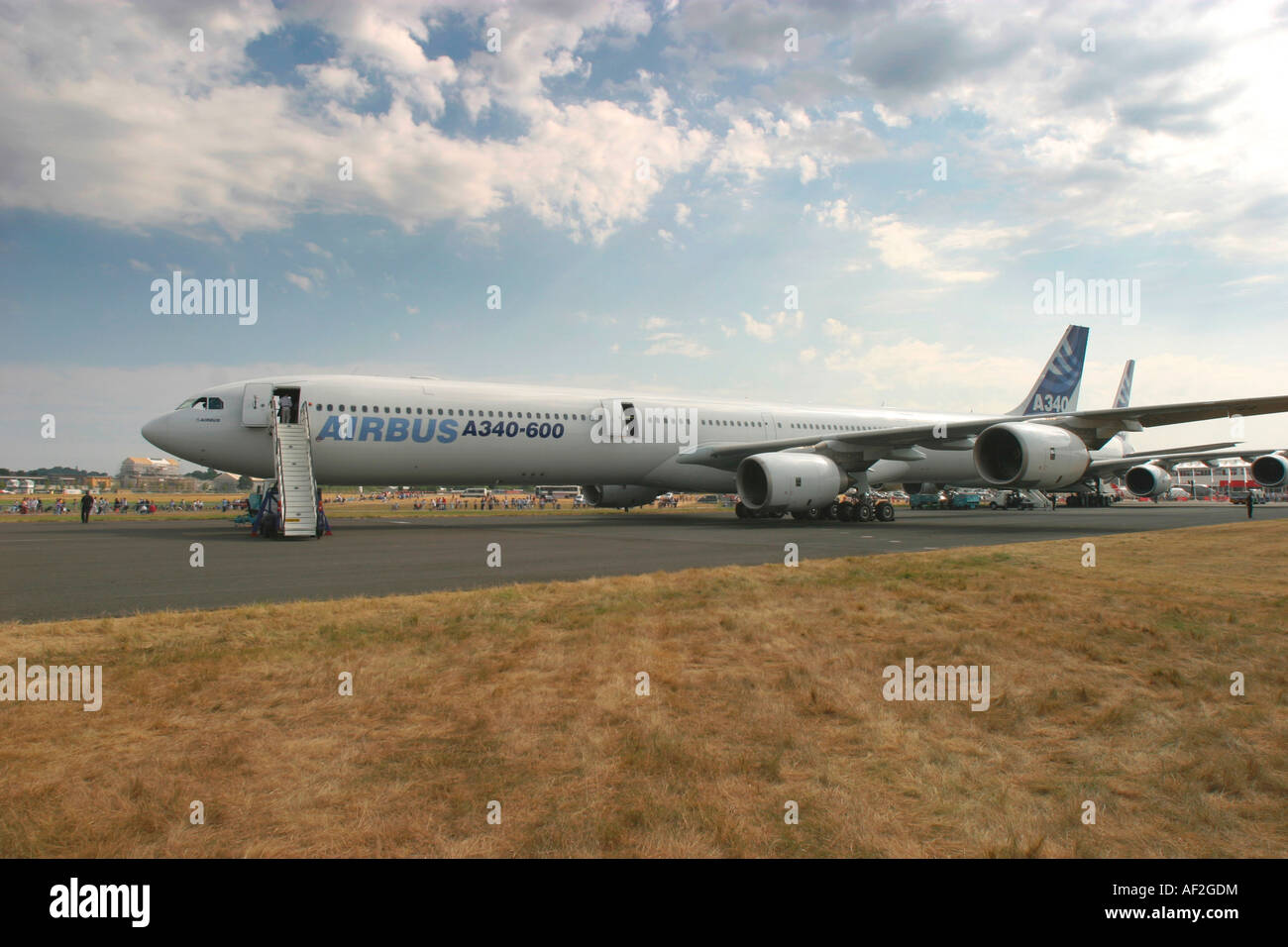 Airbus A340 600 long range four engined commercial passenger airliner. Farnborough, England, UK. Stock Photo