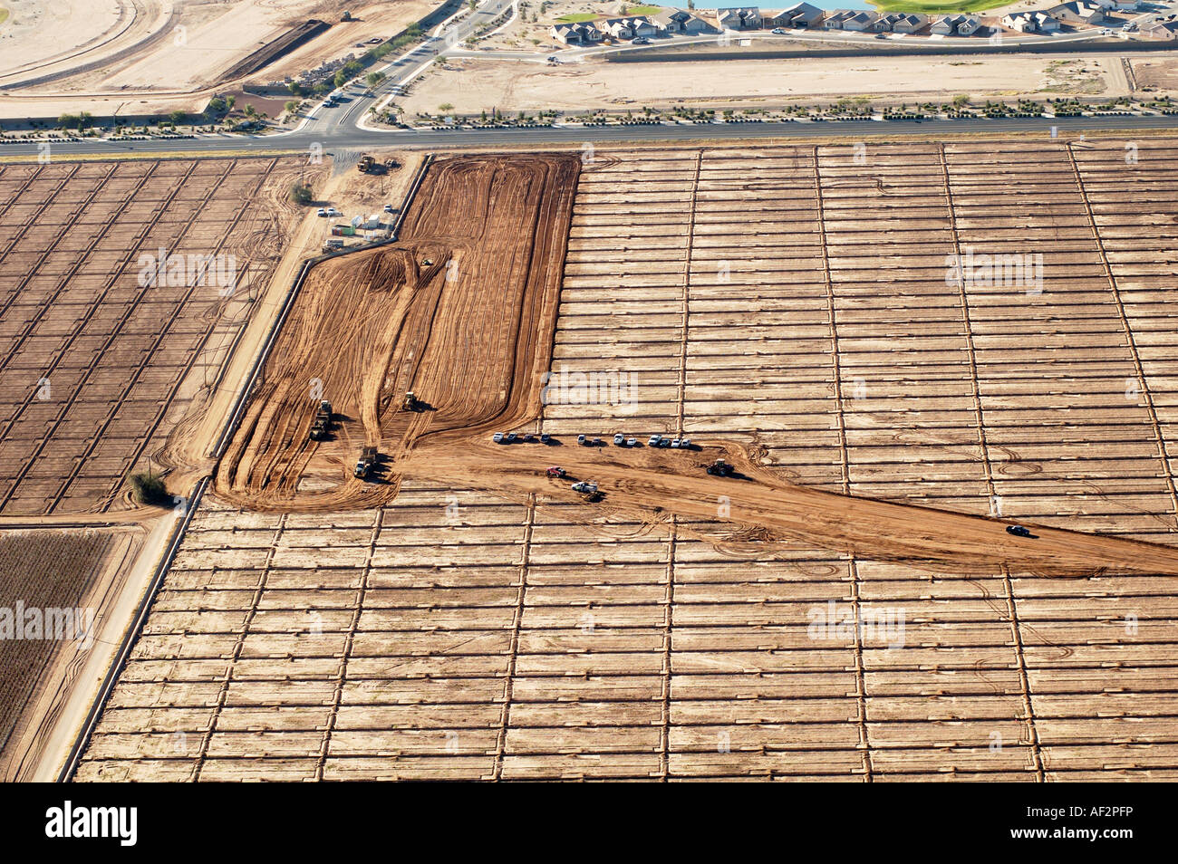Aerial view of a new housing development on the edge of the desert in