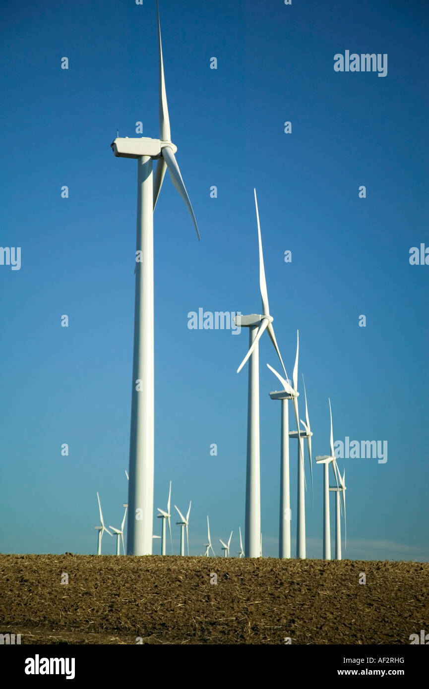Wind turbines in fallow field, Oregon Stock Photo