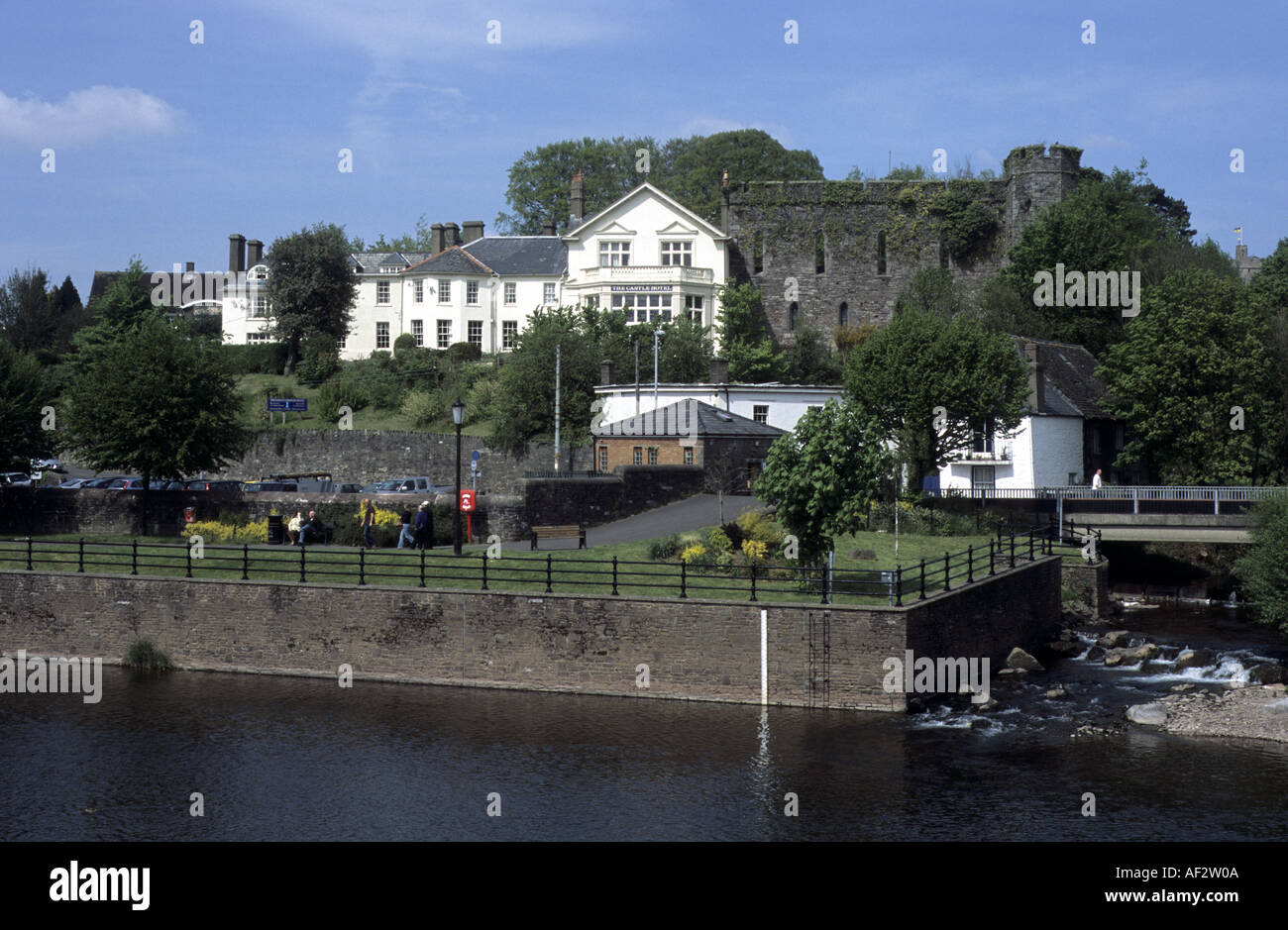River Usk and Brecon Castle, Brecon, Powys, Wales, UK Stock Photo