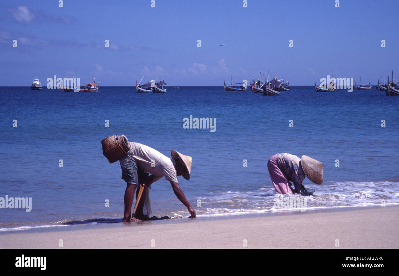 Balinese Bali villagers collect clams shellfish on beach with bright blue sea and sky Stock Photo