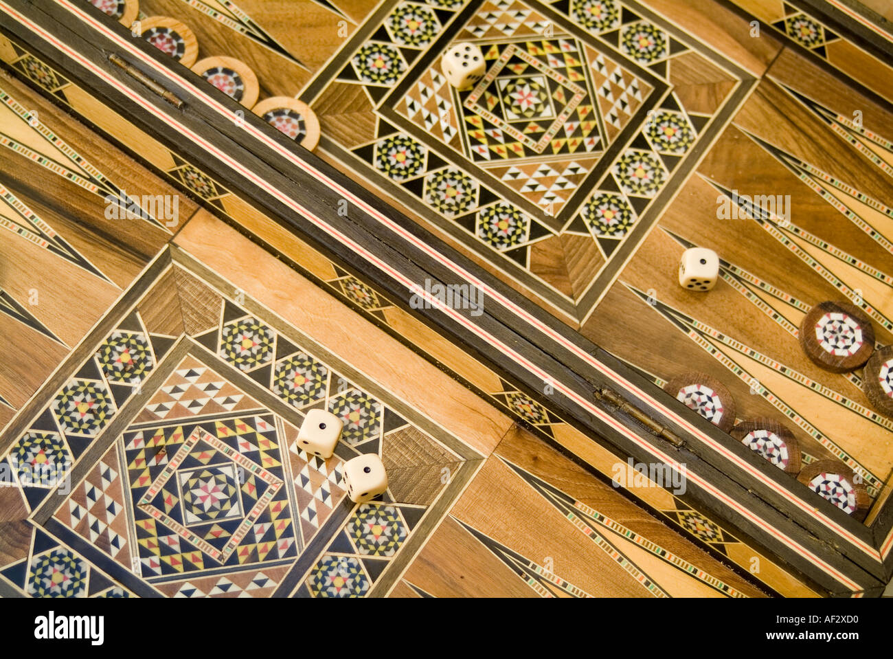 Close up photograph of a game of Backgammon, in a wooden Moroccan box, case Stock Photo