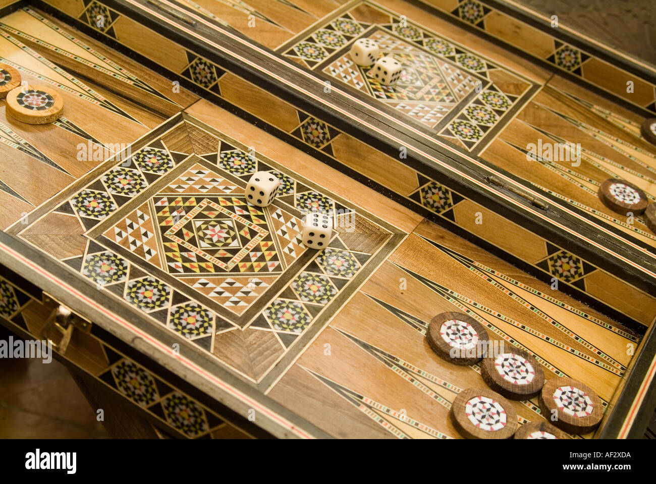 Close up photograph of a game of Backgammon, in a wooden Moroccan box, case Stock Photo