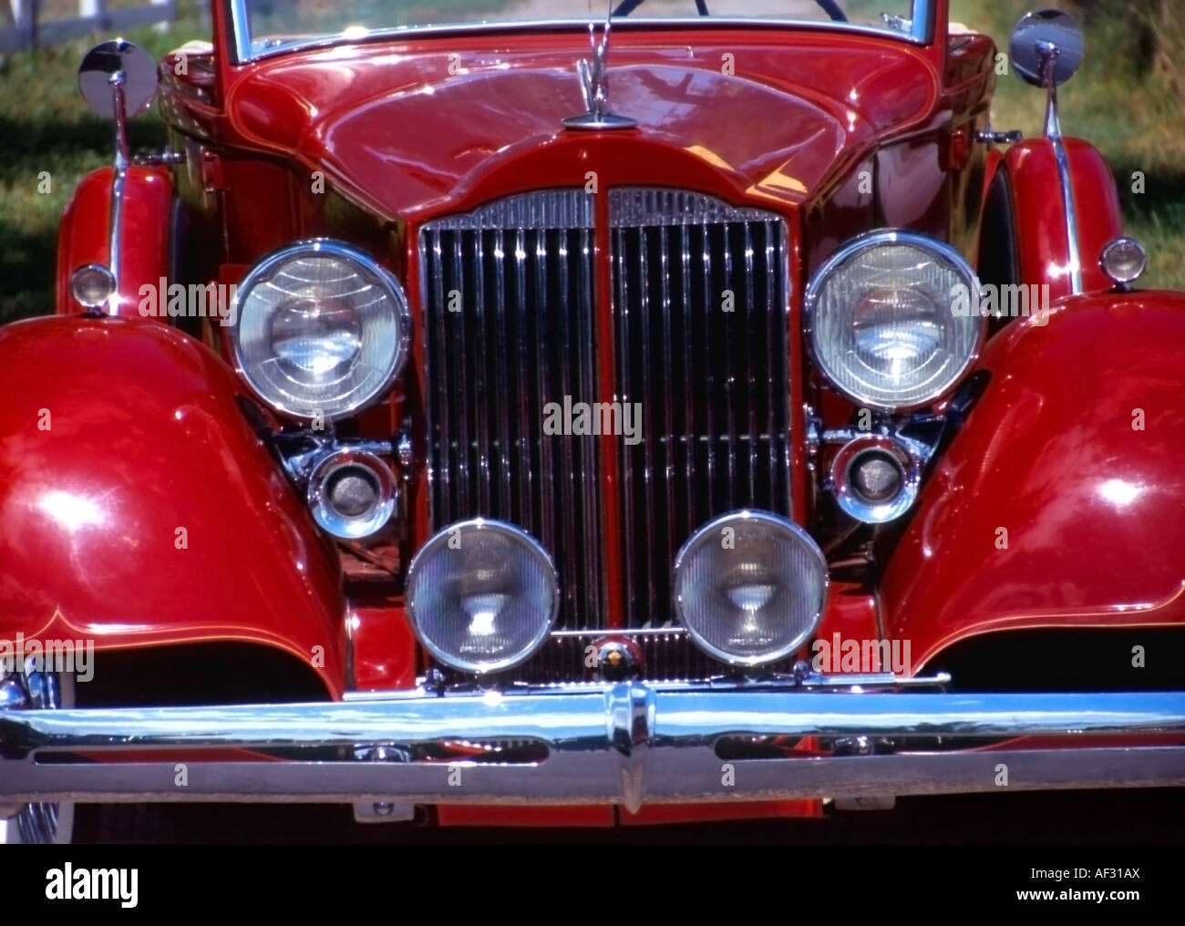 An head on shot of a deep maroon luxury convertible at a classic car show in Utah, USA. Stock Photo