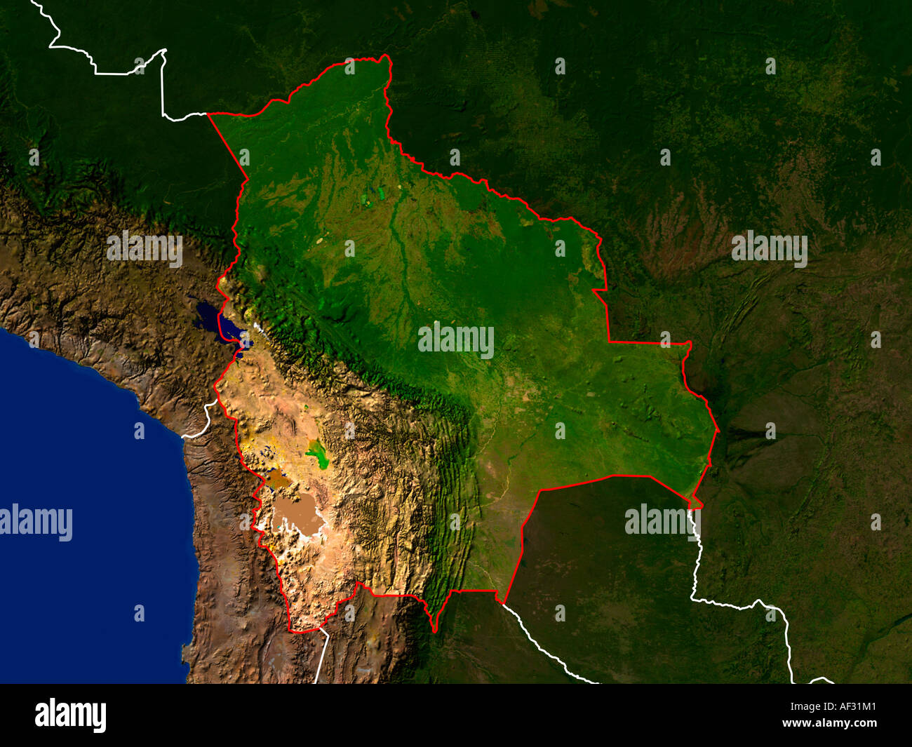 Bolivian Plateau Map Highlighted Satellite Image Of Bolivia AF31M1 