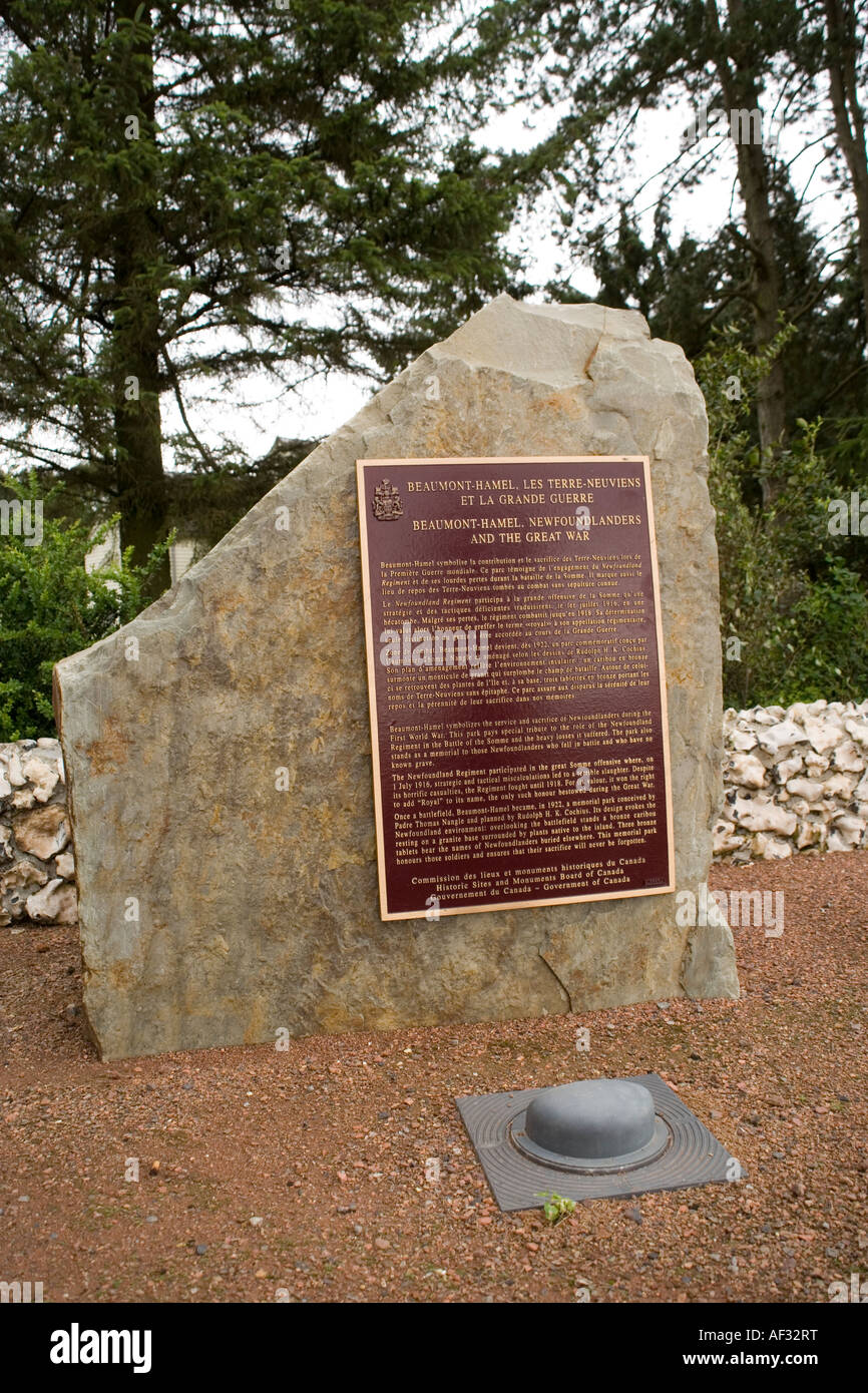 Sign to BeaumontHamel Park, the Newfoundland Memorial Park, Battle of the Somme July 1916 Somme