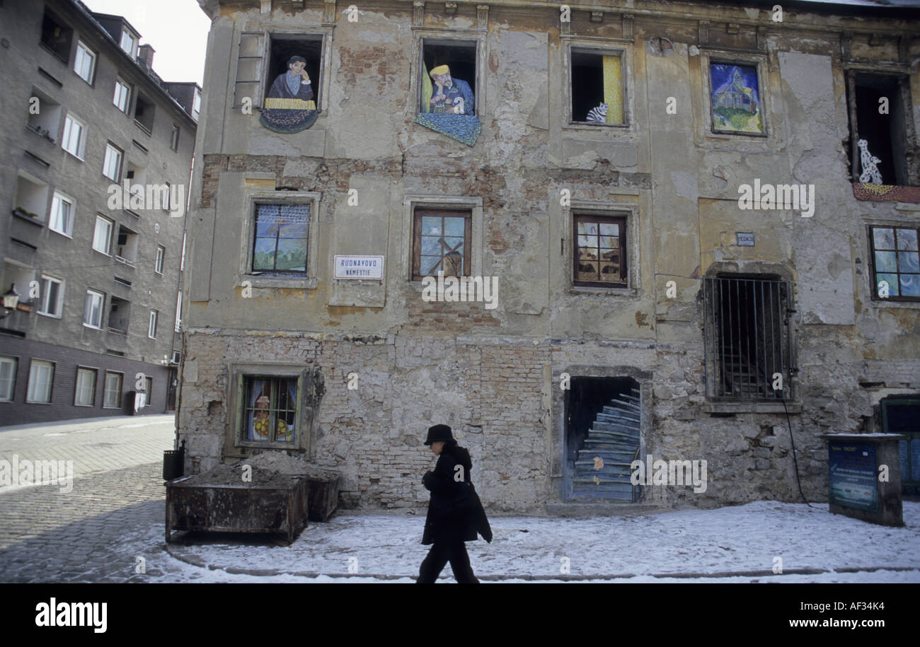 Old house in Rudnayova Namestie, Bratislava, Slovakia, adorned with copies of van Gogh pictures behind the windows Stock Photo