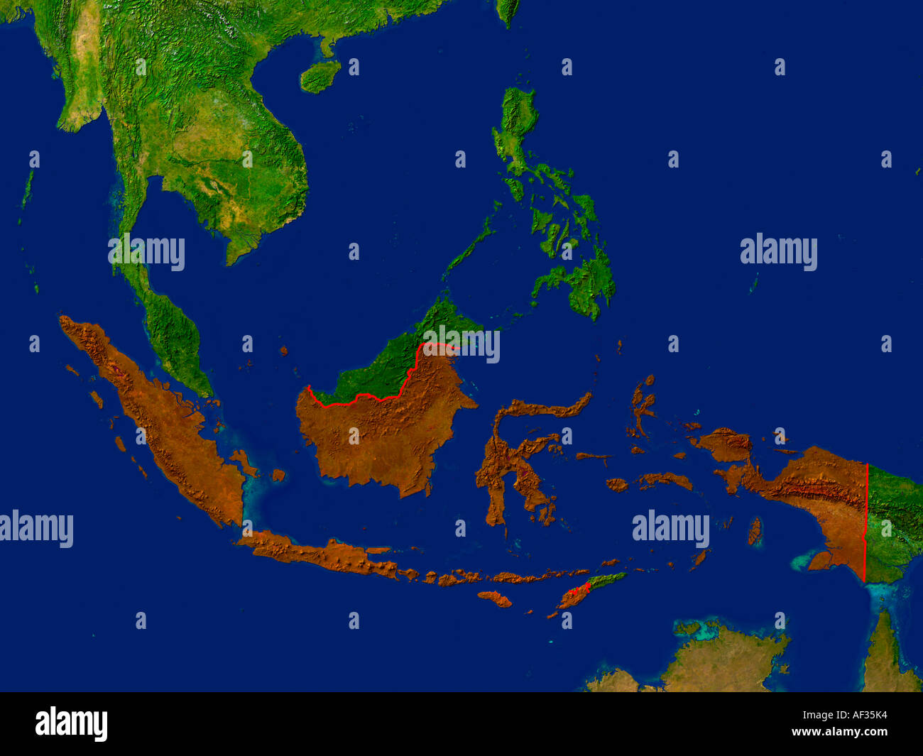 Satellite Image Of Indonesia Highlighted Red Stock Photo