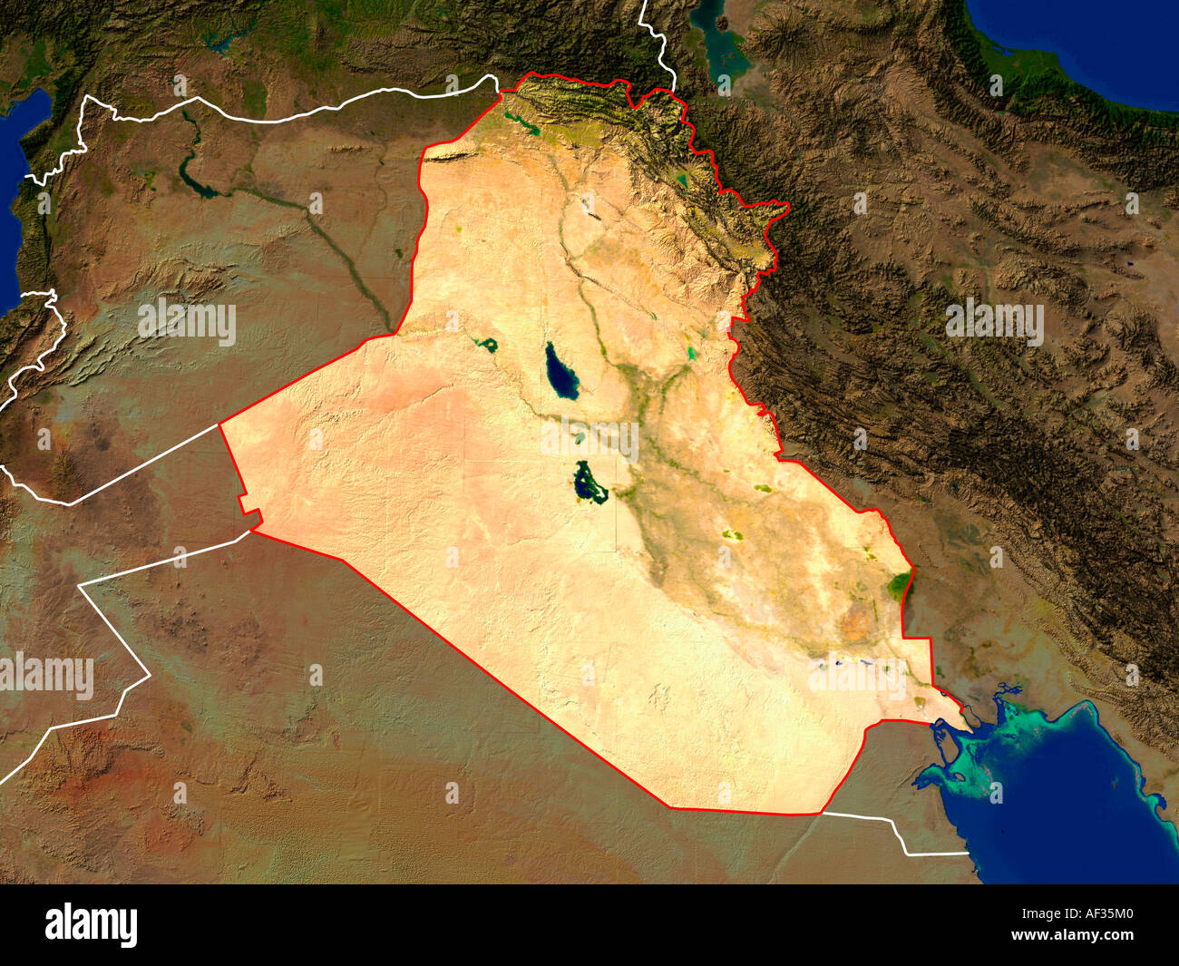 Highlighted Satellite Image Of Iraq Showing Borders Stock Photo