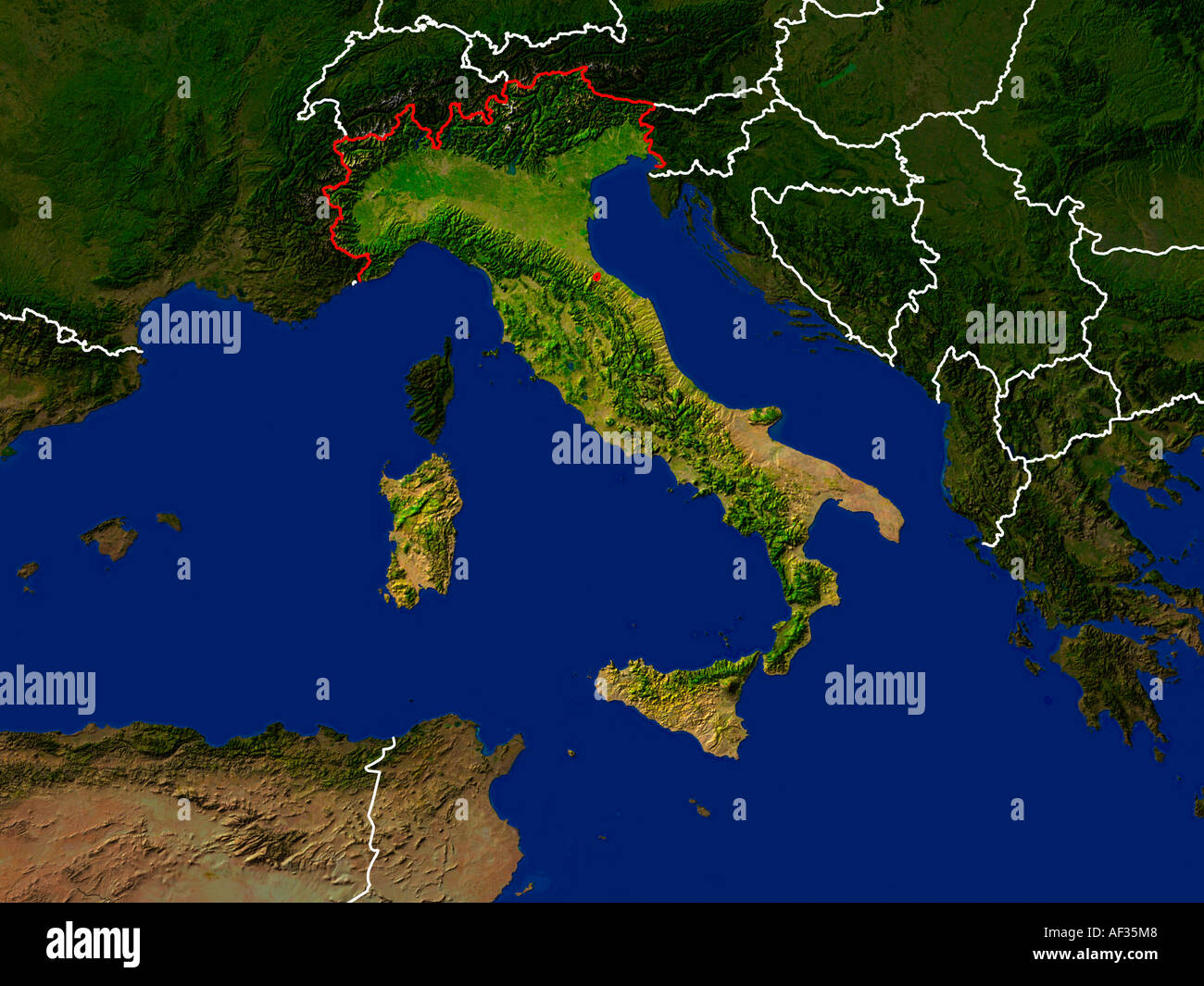 Highlighted Satellite Image Of Italy Showing Country's Borders Stock