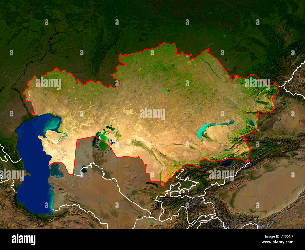 Highlighted Satellite Image Of Kazakhstan Showing Country's Borders Stock Photo - Alamy