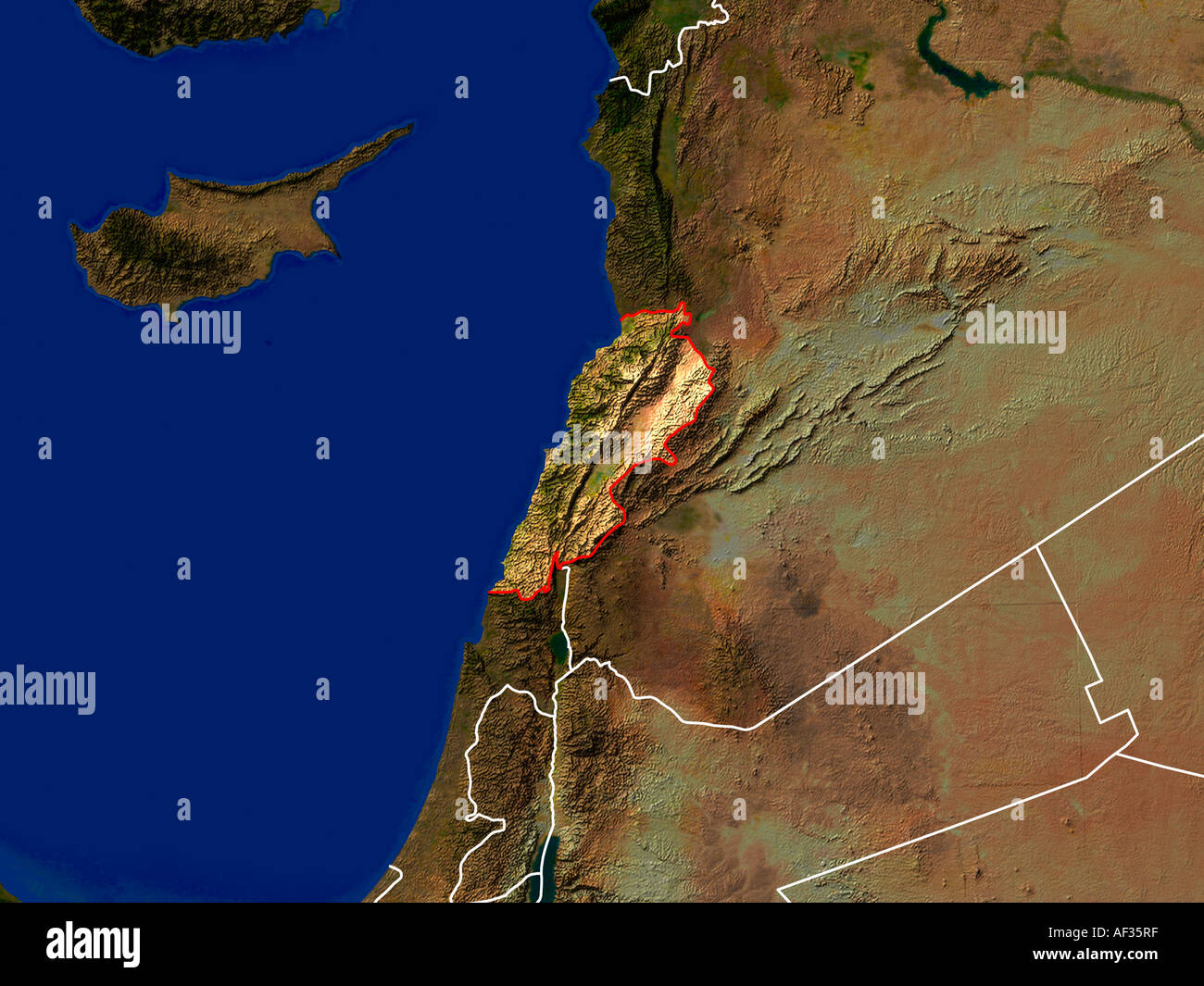 Highlighted Satellite Image Of Lebanon Showing Country's Borders Stock
