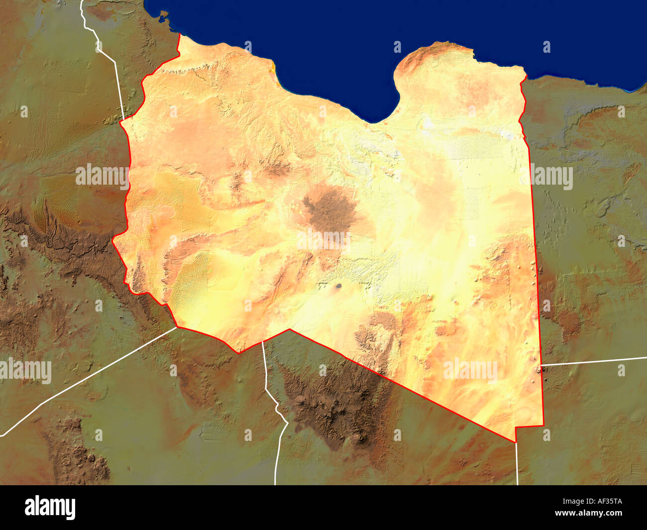 Highlighted Satellite Image Of Libya Showing Borders Stock Photo