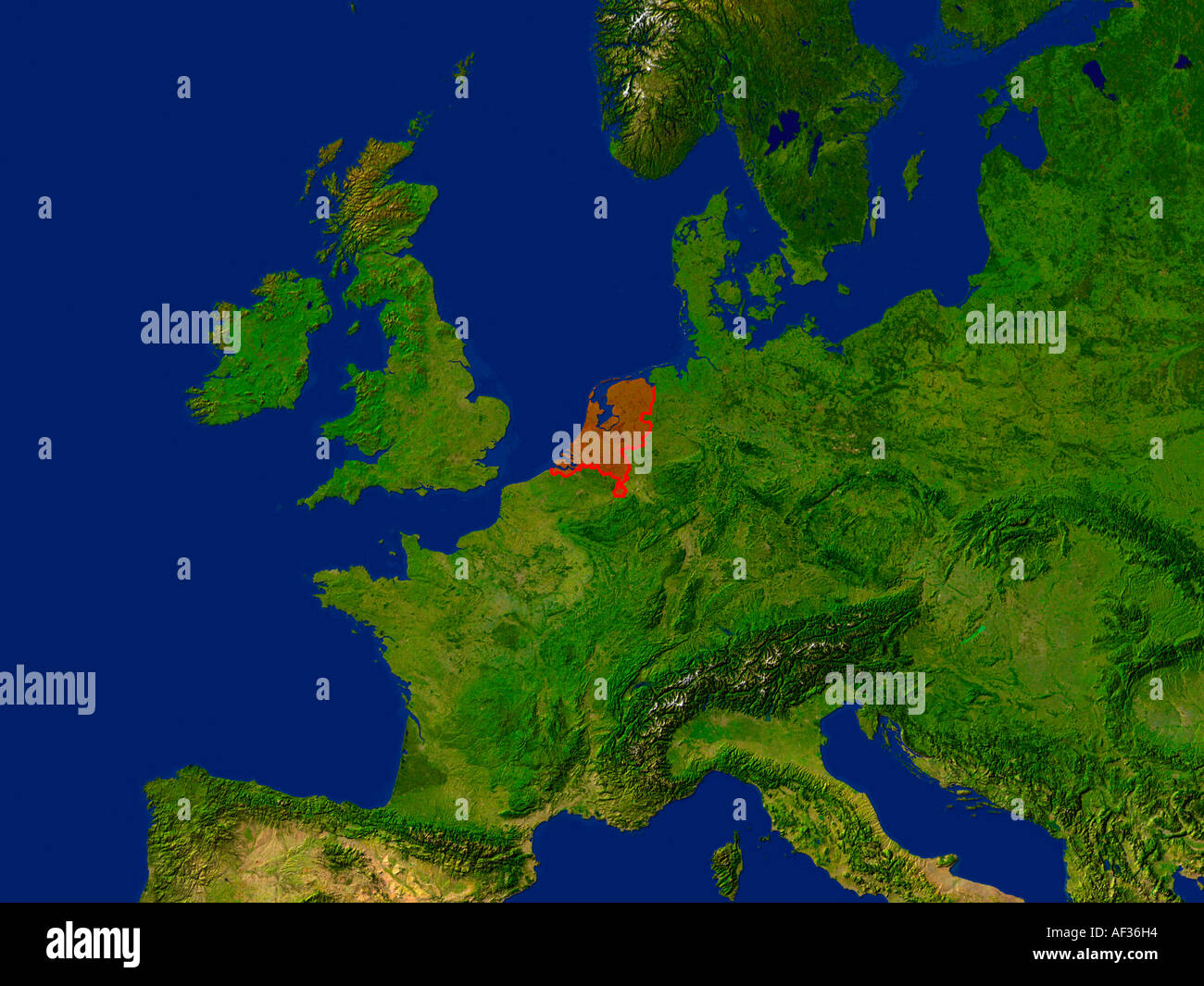Satellite Image Of Netherlands Highlighted Red Stock Photo - Alamy