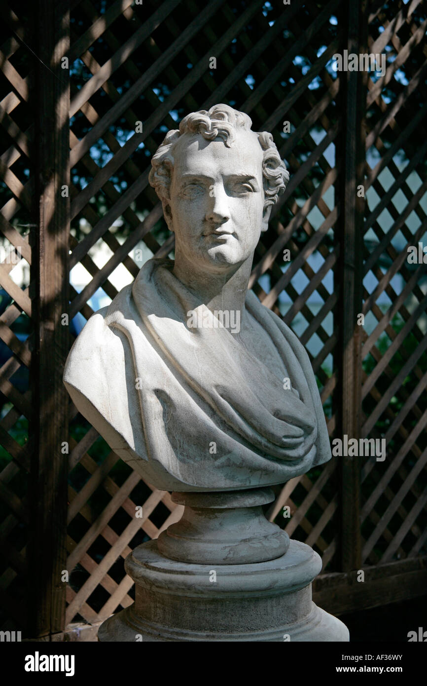 Bust of Lord Byron in English garden at St Marys House, Bramber, West Sussex, England Stock Photo