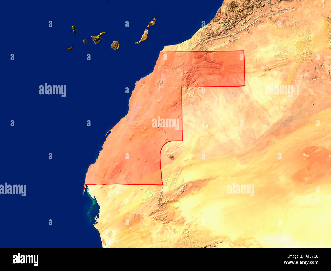 Satellite Image Of Western Sahara Highlighted Red Stock Photo