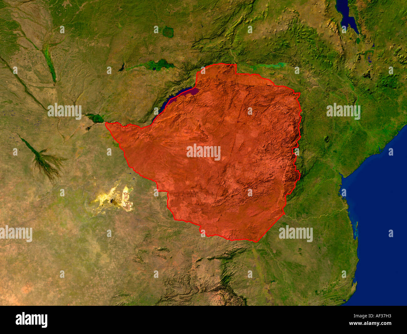 Satellite Image Of Zimbabwe Highlighted Red Stock Photo - Alamy