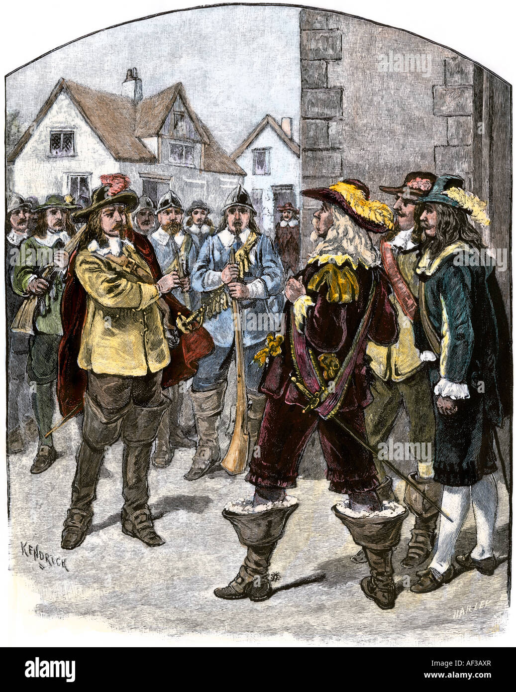 Bacon demanding his commission of Governor Berkeley Virginia 1676. Handcolored woodcut Stock