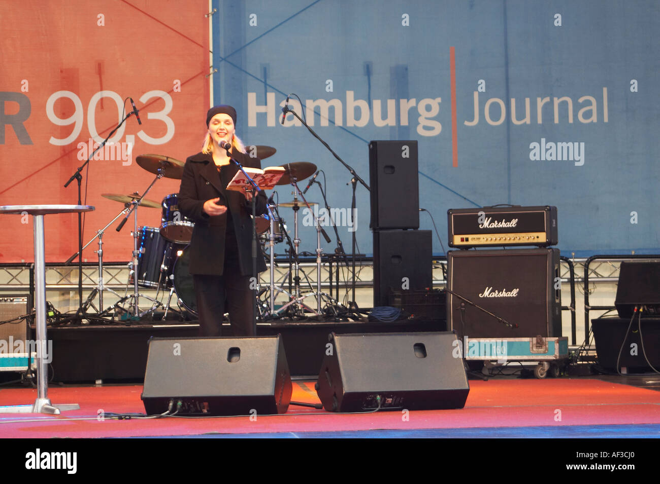 Football party in Hamburg. Singer on a stage Stock Photo
