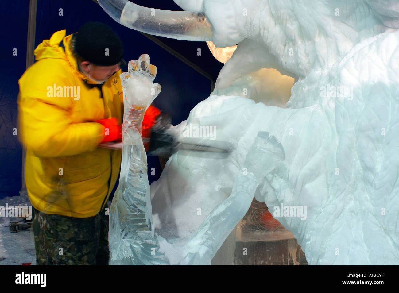 Ice sculptures carving. During the work Stock Photo Alamy