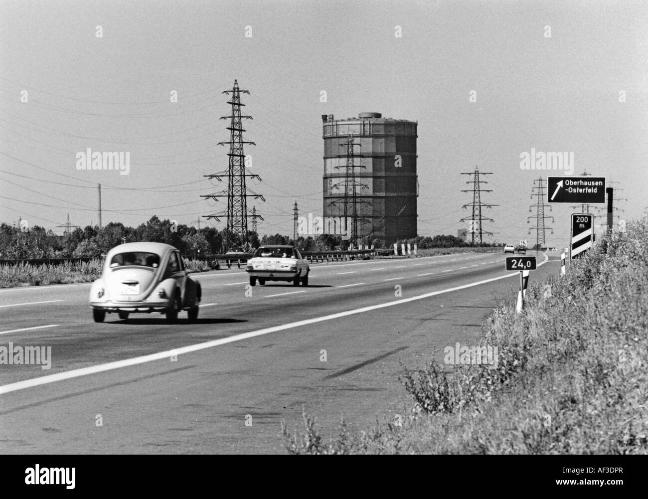 gasomater at the highway A42 gateway Osterfeld in the year of 1981, Germany, North Rhine-Westphalia, Ruhr Area, Oberhausen Stock Photo