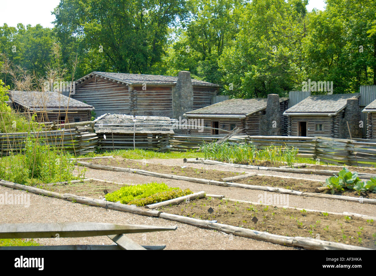 interior pioneer dwellings and vegetable garden at Fort Boonesborough