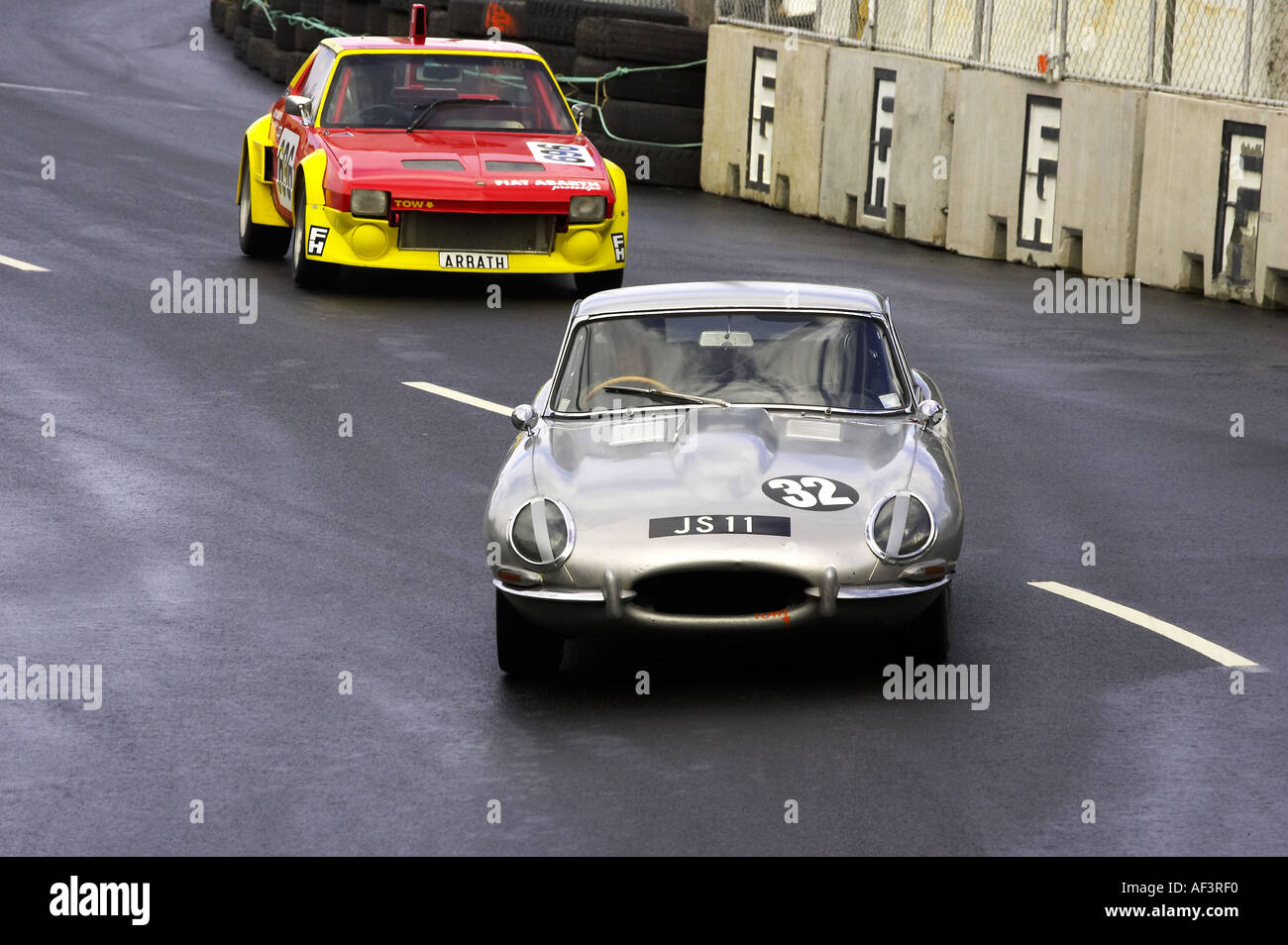 E Type Jaguar and Fiat X19 Classic Street Racing Dunedin South Island New Zealand Stock Photo