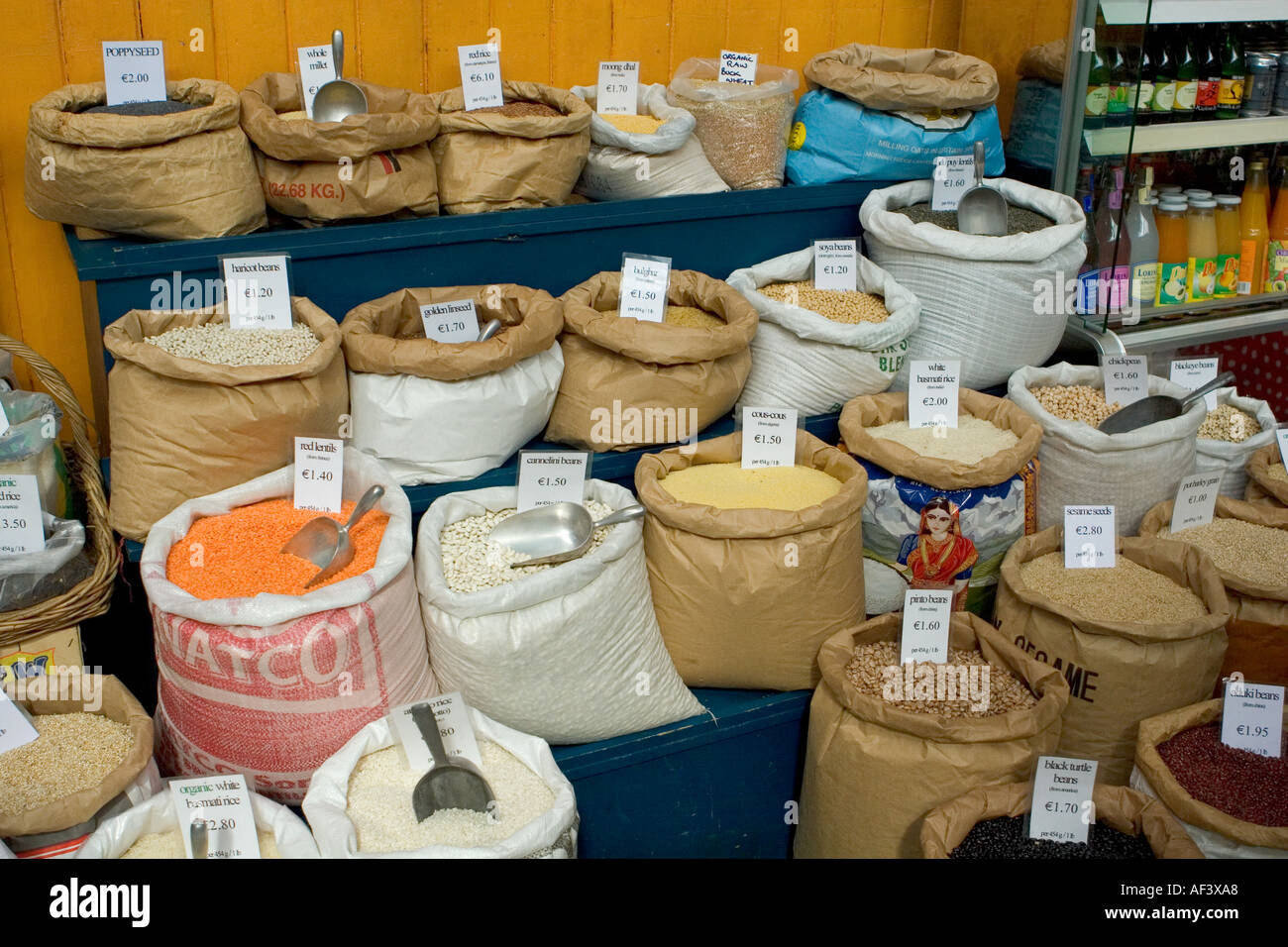 Beans and pulses for sale in an indoor market in the Grafton Street area of Dublin Ireland Stock Photo
