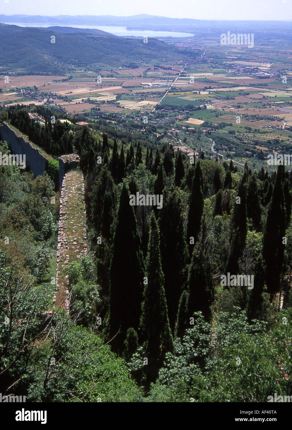 Looking south from the Fortezza Medicea, Cortona, Tuscany, with Lake Trasimene in the distance Stock Photo