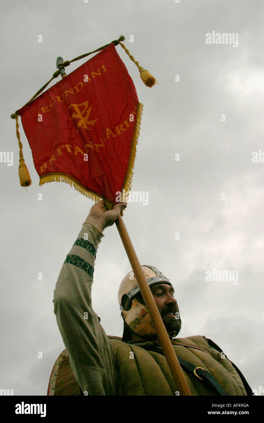 Roman Re Enactment Society Members With A Banner Stock Photo