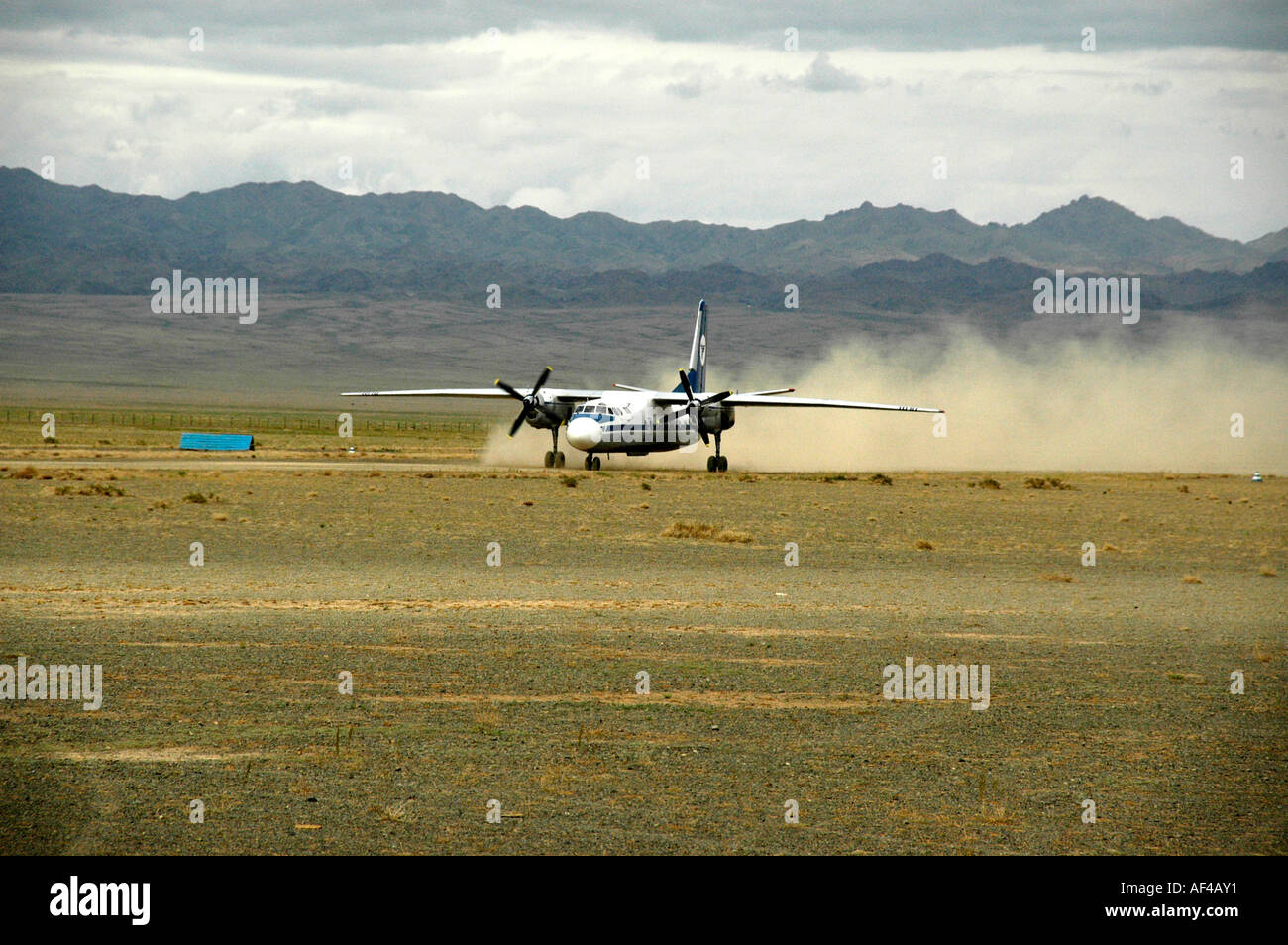 Fokker 70 propeller aircraft of Mongolian airline MIAT landing at Dalanzadgad Airport Mongolia Stock Photo