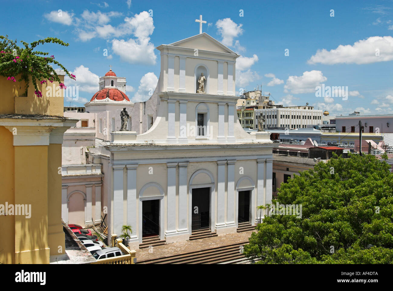 San Juan cathedral seen from El Convento hotel San Juan Puerto Rico Stock Photo