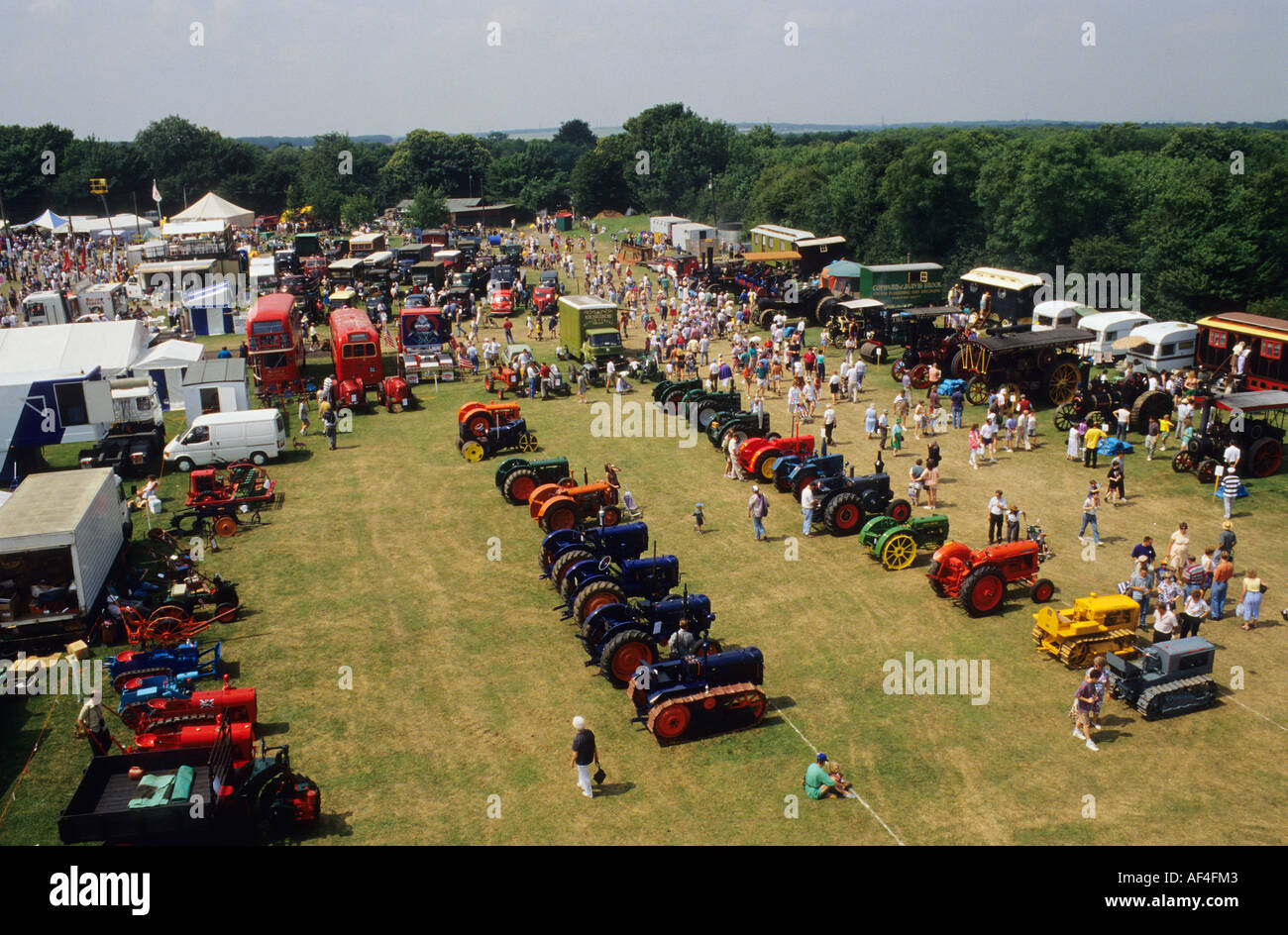 looking down on the display of historic tractors at Kent County show Stock Photo