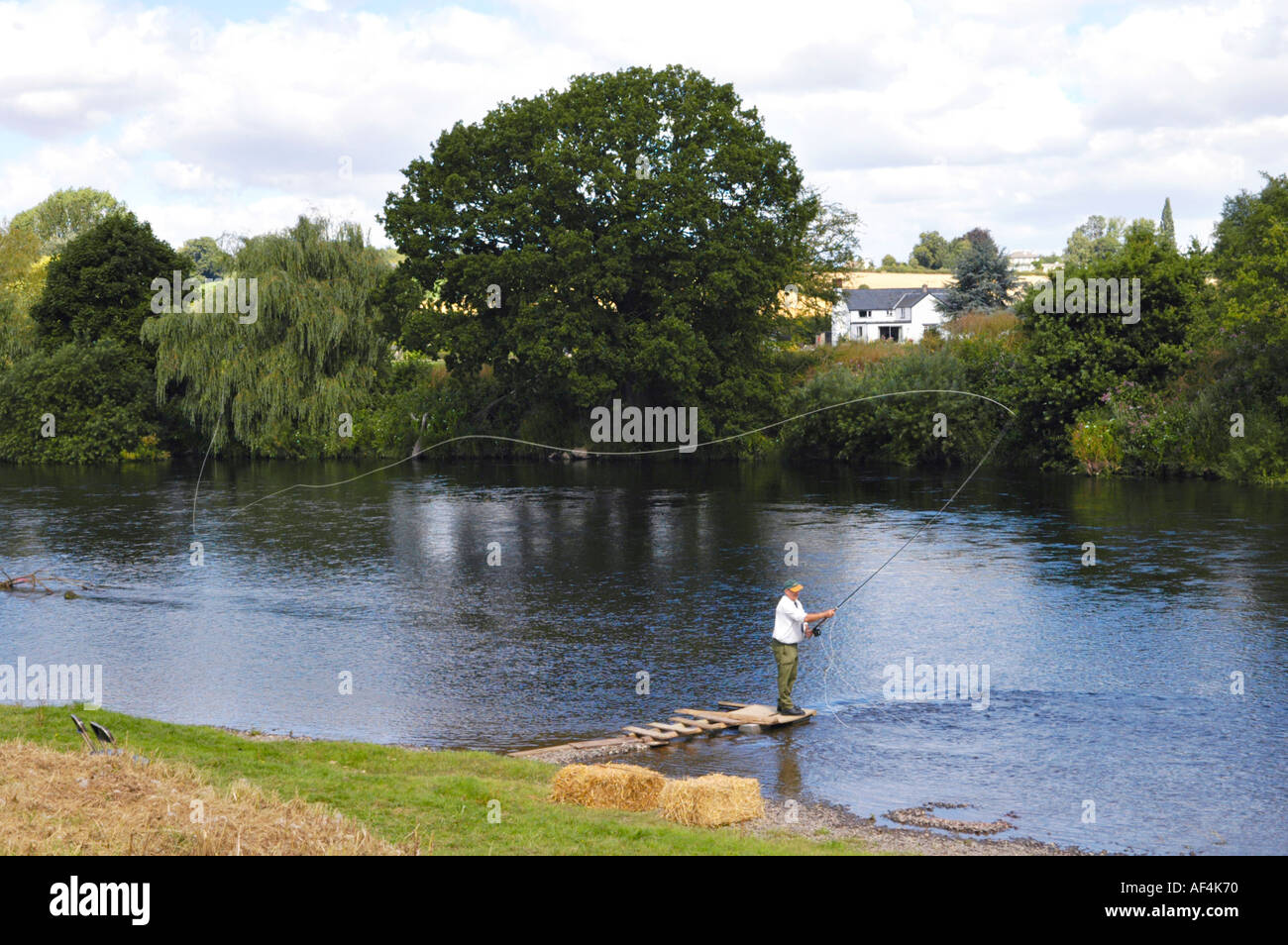 Salmon fly casting on the River Wye at Sellack Herefordshire England UK