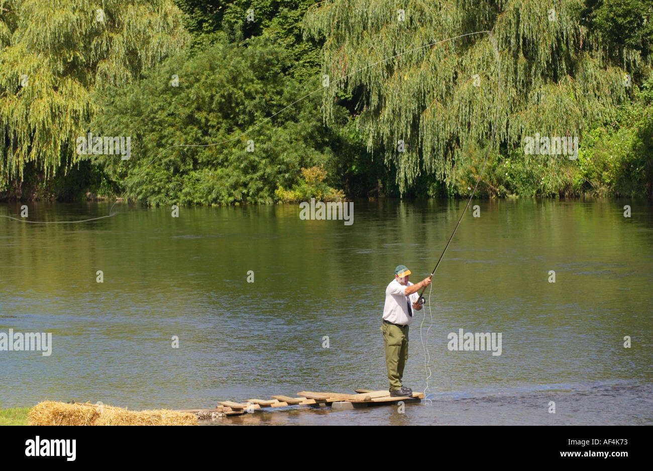 Salmon fly casting on the River Wye at Sellack Herefordshire England UK