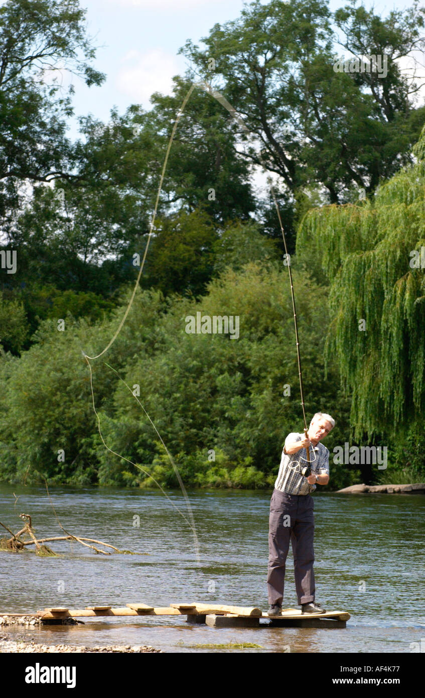 Salmon fly casting on the River Wye at Sellack Herefordshire England UK