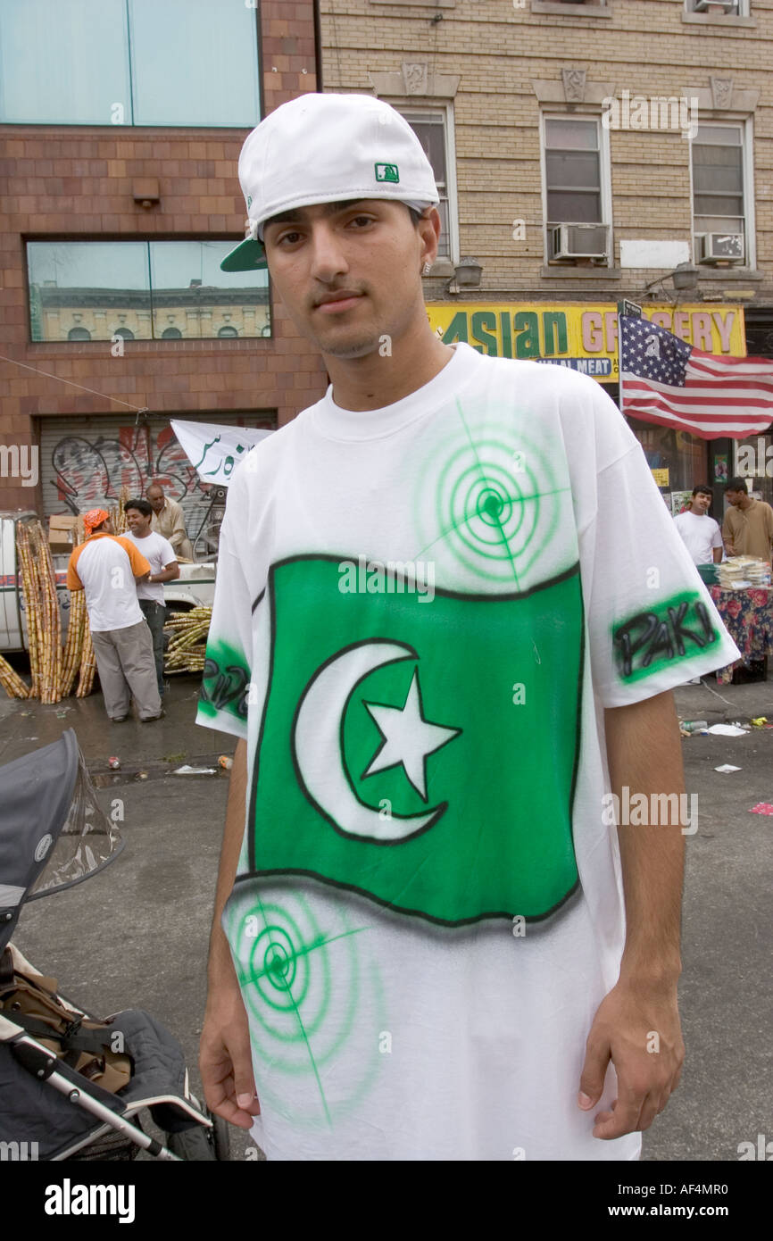 Pakistani teen wearing a Pakistani flag t-shirt with an urban american twist. Stock Photo
