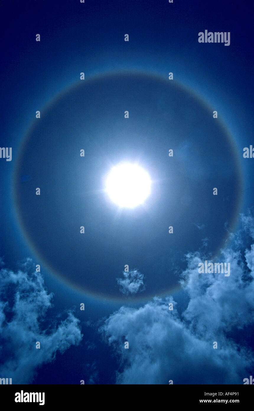 A weather phenomenon of a rainbow ring around the sun also with some