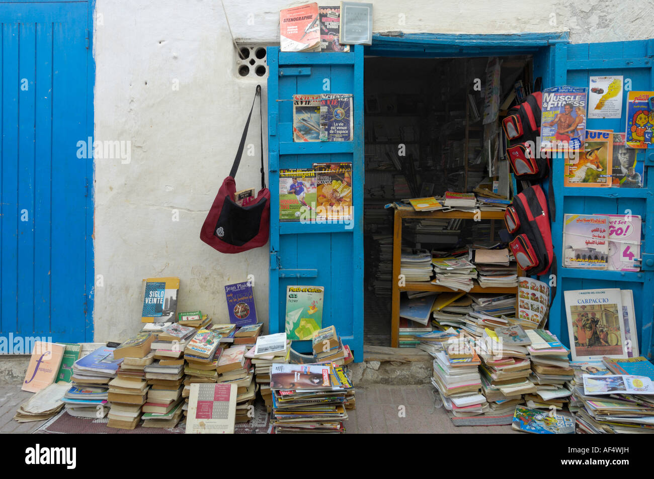 Bookshop in medina Essaouira streetscape Morocco North Africa Stock Photo