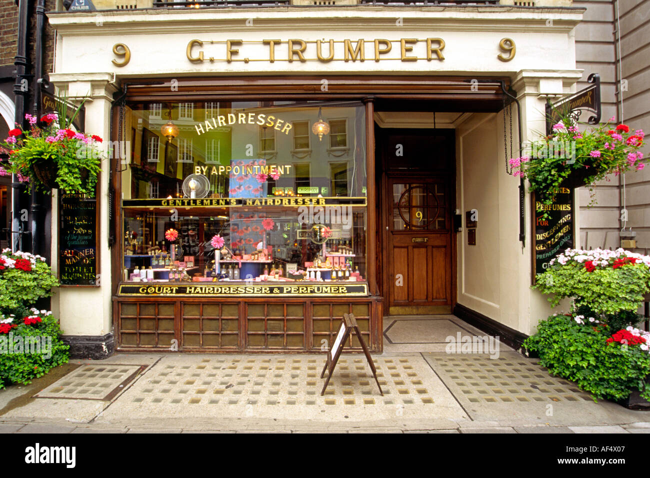The exterior of George Trumper, the Victorian-era barber shop in London. Stock Photo