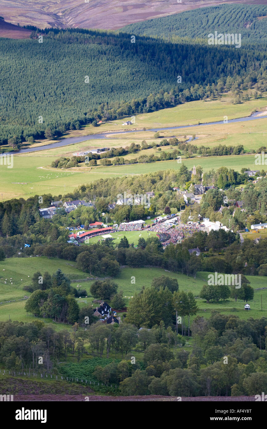 A view from above, Landscape of Braemar, The Highland games park in the Dee valley Royal Deeside, Cairngorms National Park, Scotland, UK Stock Photo