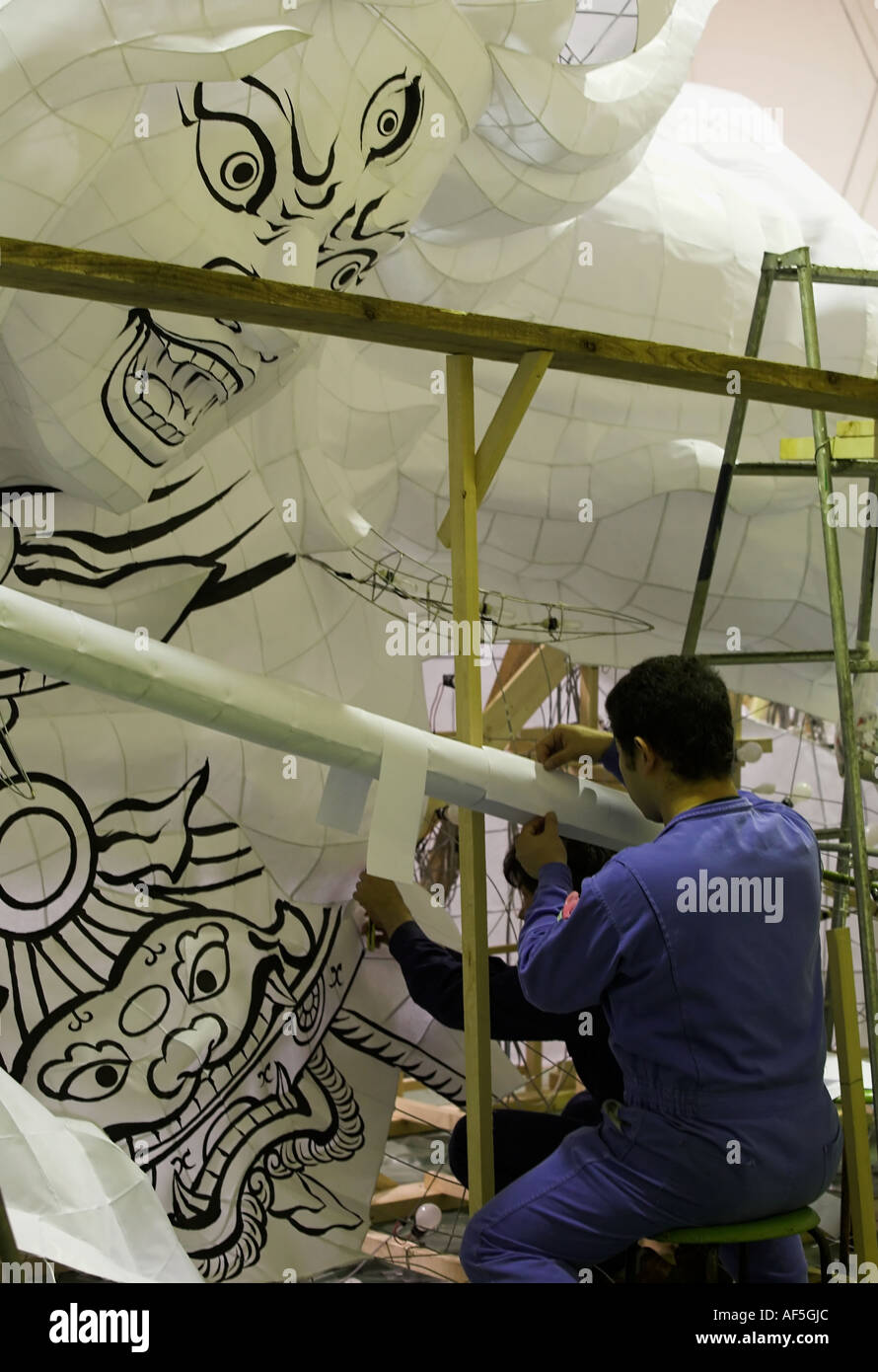 Craftsmen and artists build the floats for the Nebuta Summer festival in Aomori City Stock Photo