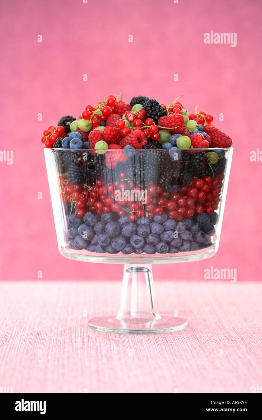 Glass bowl filled with several types of berries. Stock Photo