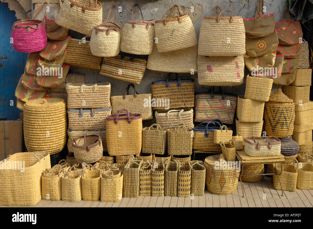 Wicker baskets for sale Essaouira Morocco North Africa Stock Photo Alamy