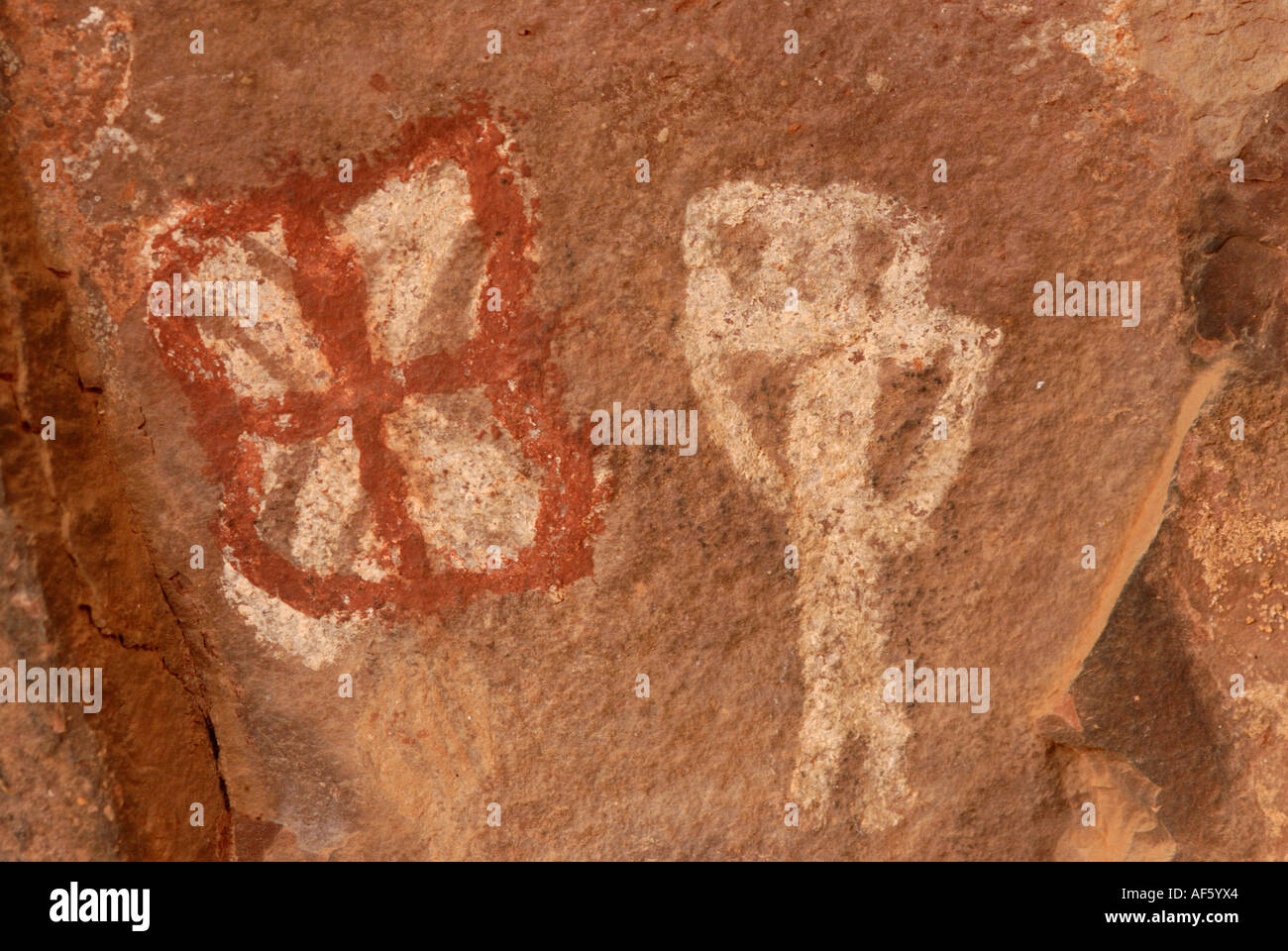 Sinagua Native American pictographs of spiritual symbols, Palatki Red Cliffs,  Arizona Stock Photo